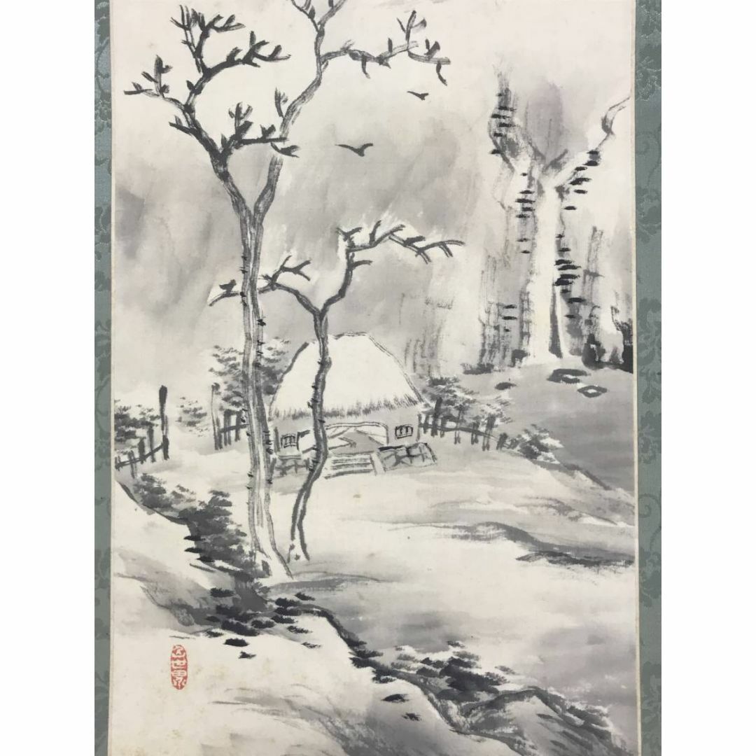 真作】井上石邨/雪景山水/夏山山水/山水図/対幅/掛軸/名家伝来/AD-805