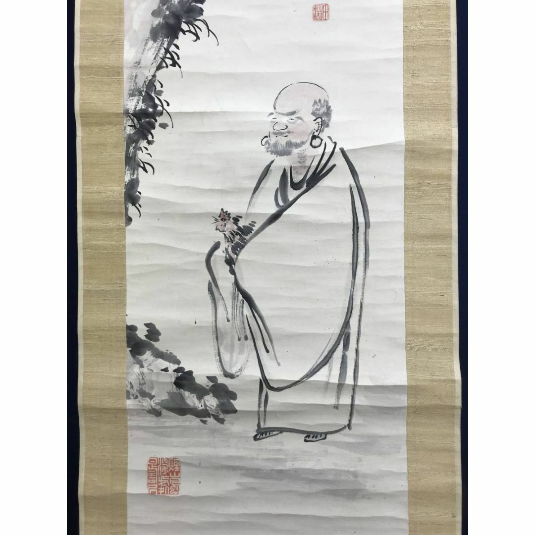 真作/田能村直入/達磨に鶏画賛/ダルマ図/人物図/掛軸☆宝船☆AE-197の