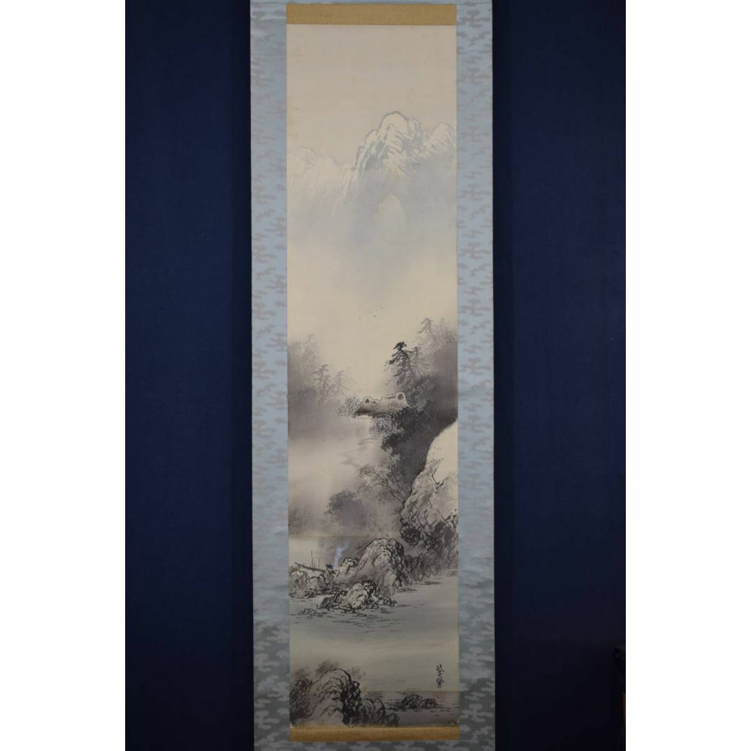 真作】紫鳳/谷川紫鳳/早春梅花山水図/漁舟図/掛軸☆宝船☆Y-385の通販