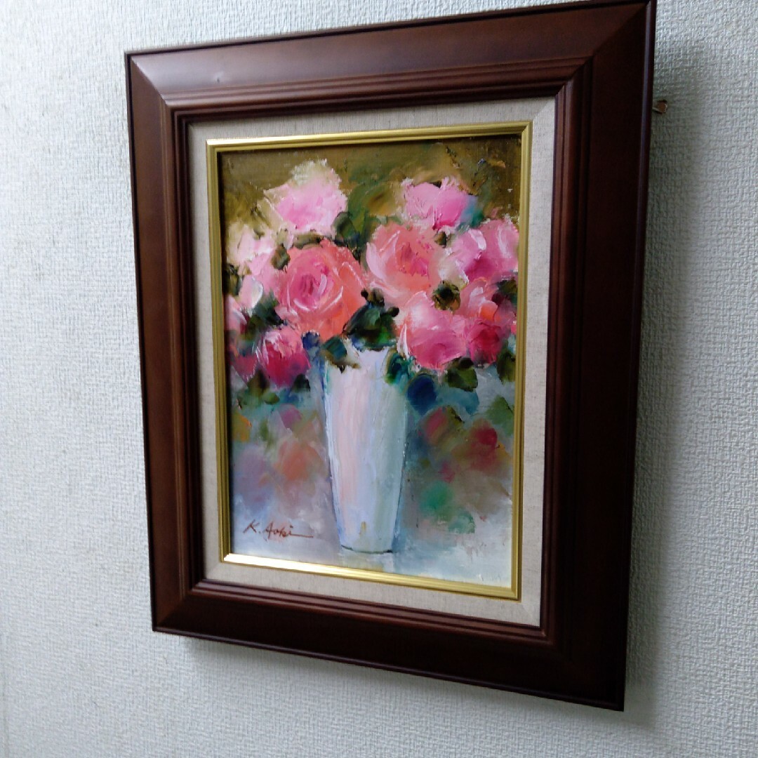 肉質油絵 立て F4 花と花瓶 額装仕上げ品