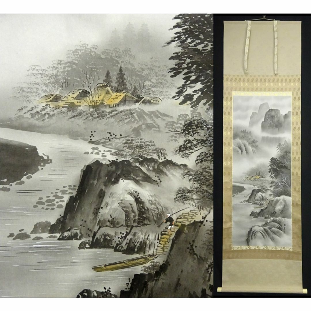 掛軸 玉翠『水墨山水図』日本画 絹本 肉筆 共箱付 掛け軸 a042612の