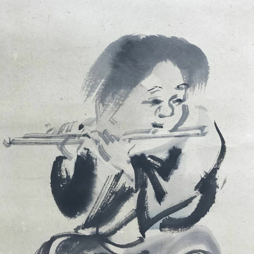 模写/谷文晁/牧童之図/笛吹童子図/牛に人物図/掛軸☆宝船☆AI-392の