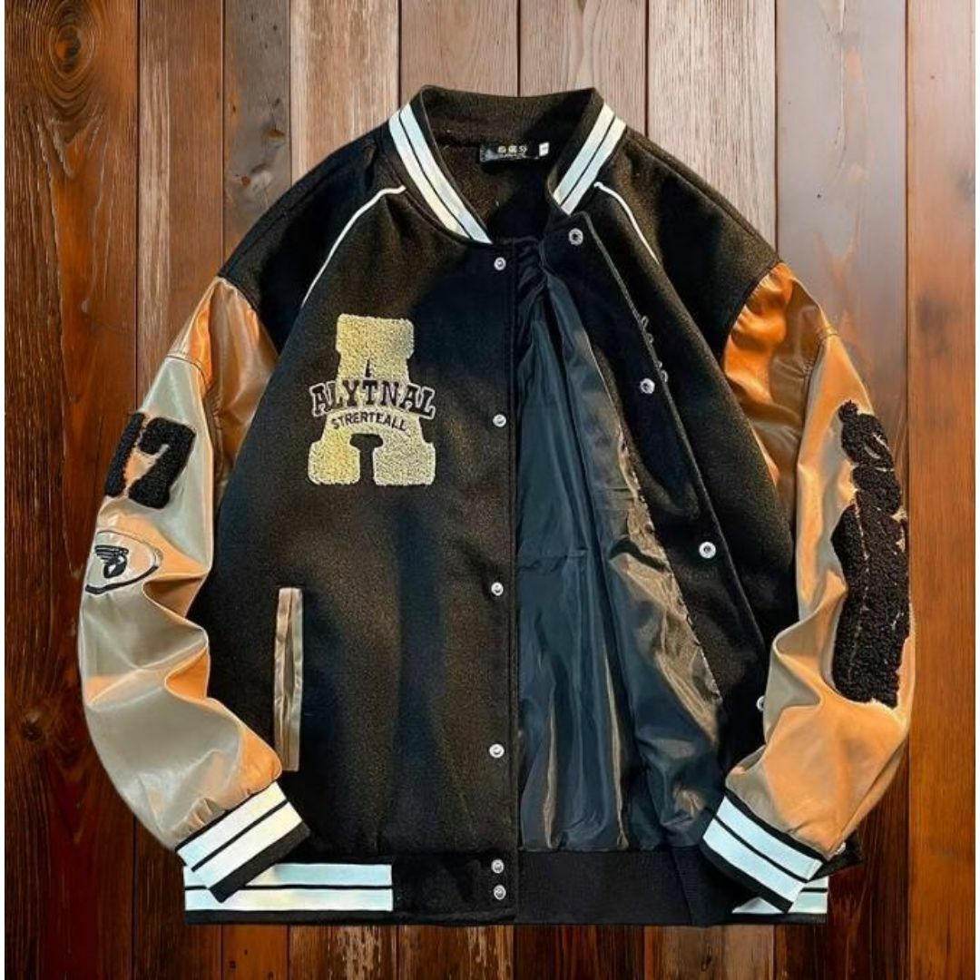 XL⚾スタジャン ワッペン ロゴ オーバーサイズ 中綿なし ストリート 黒