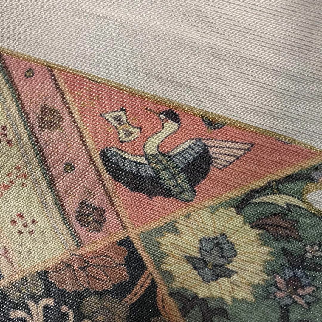 FF-192 袋帯 銀通し 正絹 太鼓柄 オリエンタル ボタニカル 美品の通販