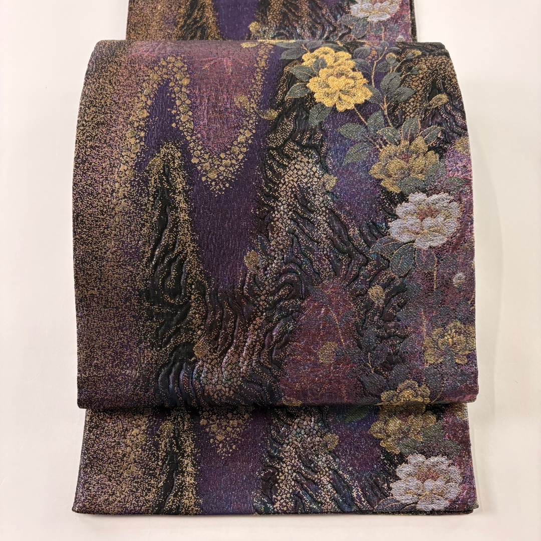 袋帯 秀品 袋帯 美品 秀品 六通 正絹 草花 金糸 箔 金色 六