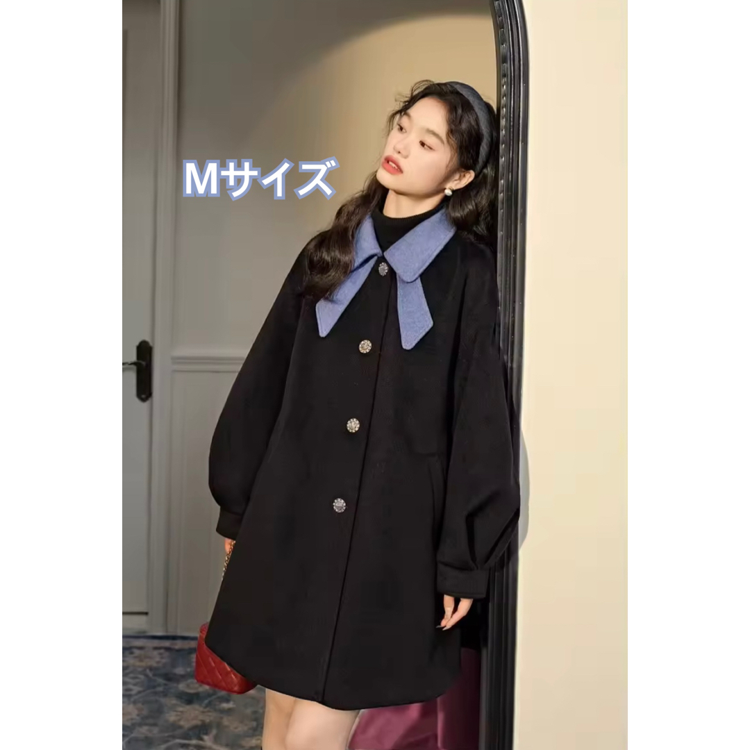 リボンカラーコート バイカラー ブラック Mサイズ