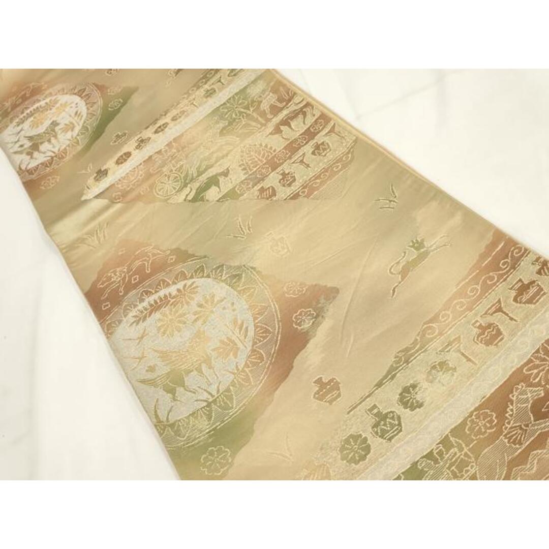 平和屋着物◎六通柄袋帯 切嵌狩猟花文 金糸 正絹 逸品 AABG6131wjの