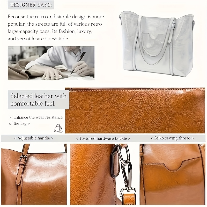 vintage solid color tote bag large capacity shoulder bag - Temu