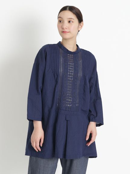 Vert コットンラミーローンハンド刺繍スタンドカラーチュニック