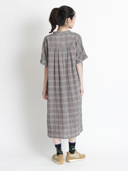 コットンボイルワッシャーチェック ステッチフラワーワンポイント刺繍