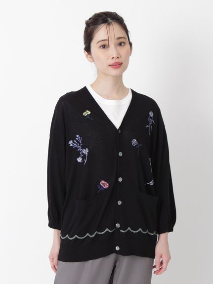 ハイツイストコットンスキャタードフラワー刺繍Vネックニット