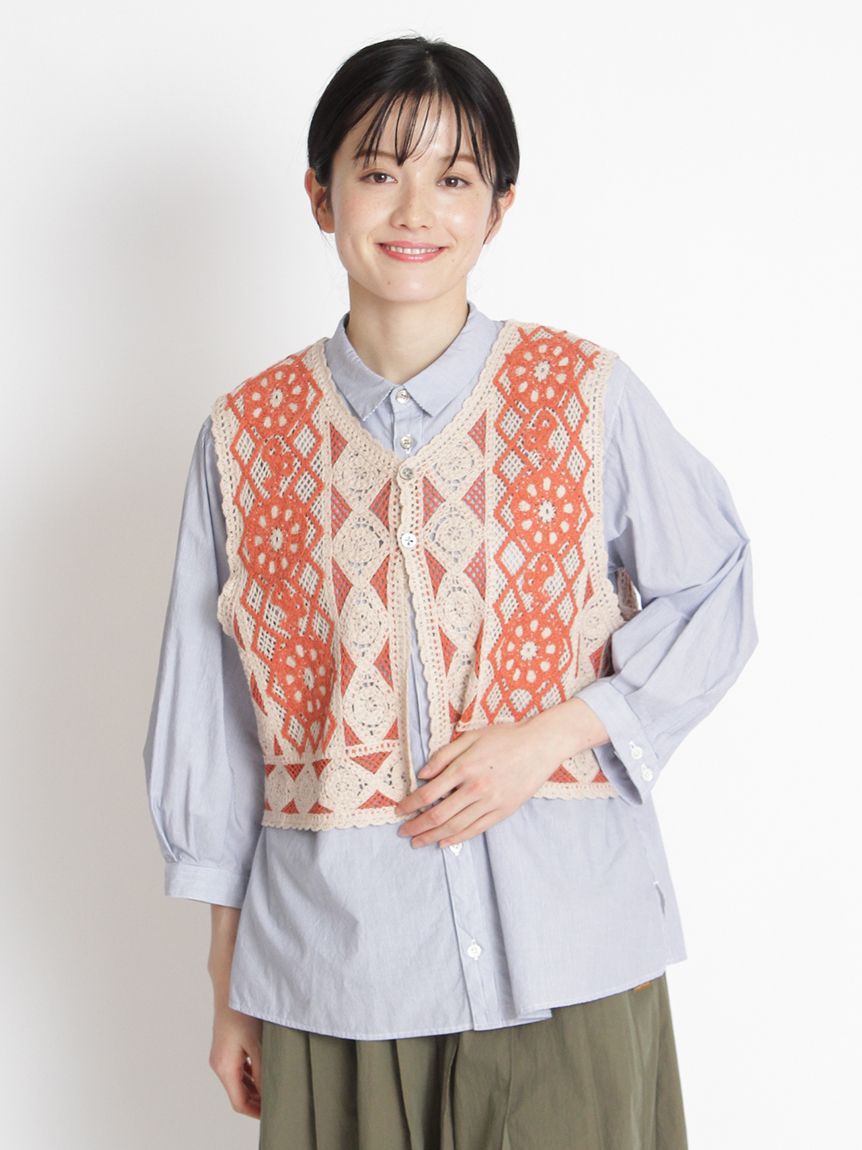 20/2コットン チェーンステッチフラワー刺繍バイカラーベスト（ニット
