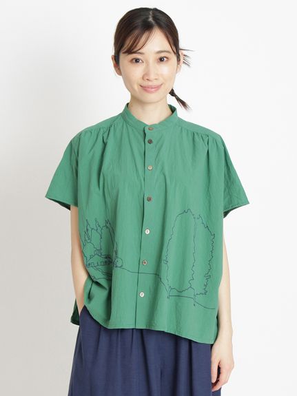 コットンローンワッシャー ホームワード刺繍ブラウス（ブラウス