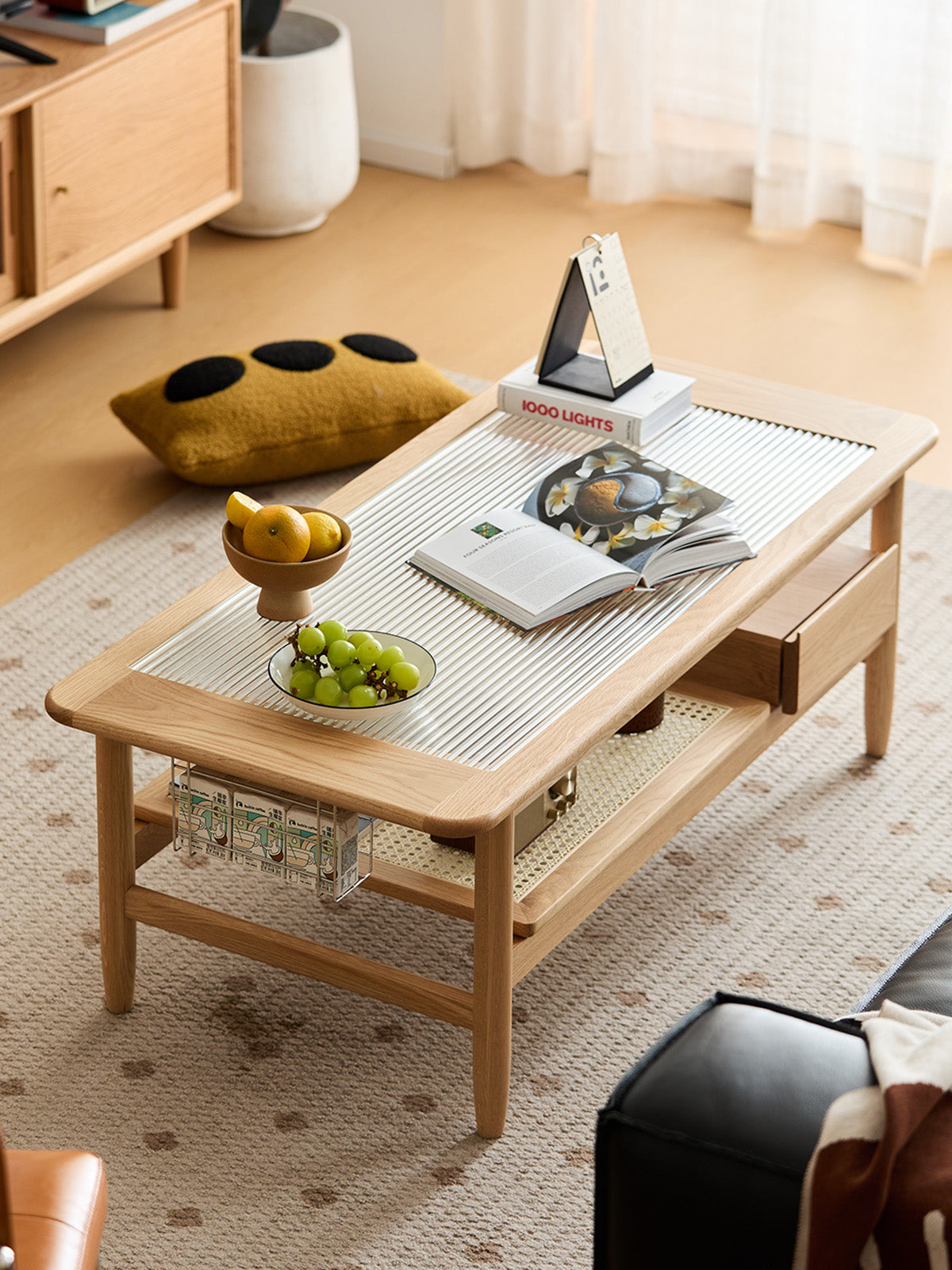 ホワイトWoody Prime Oak モールガラスラタンセンターテーブル | 高級