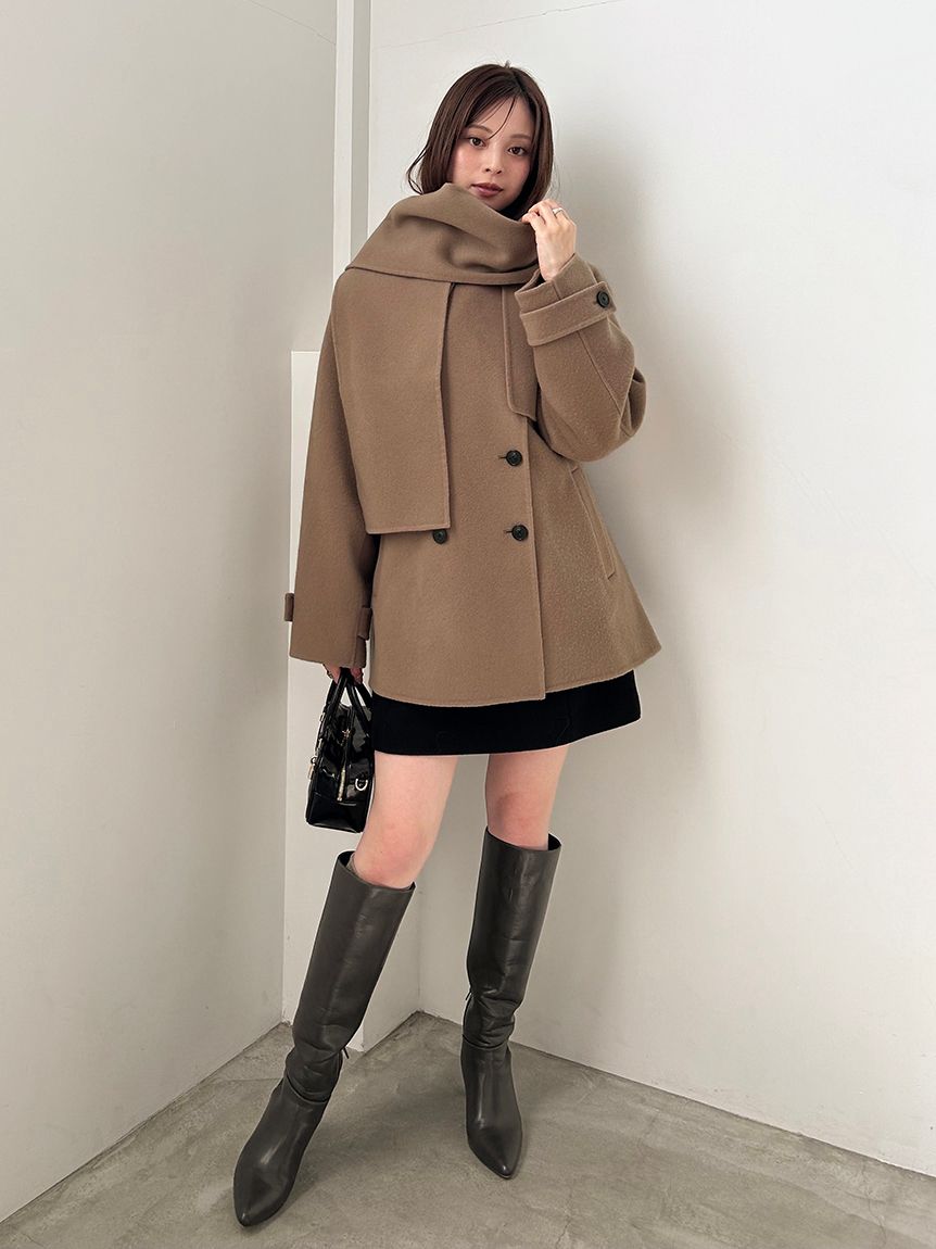 HIGH QUALITY】スカーフ付きウールミドルコート(コート)｜アウター