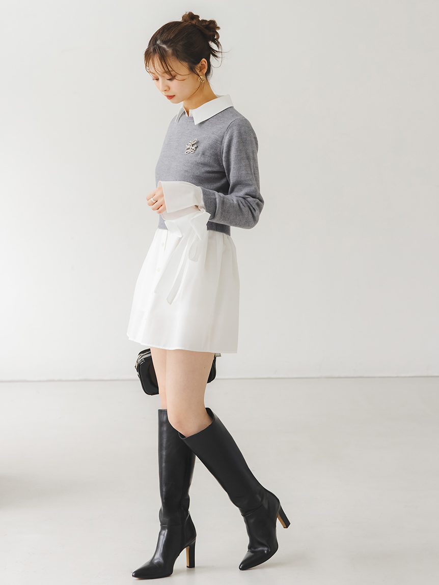 ニットセットブローチ付きミニシャツワンピース(ミニワンピース