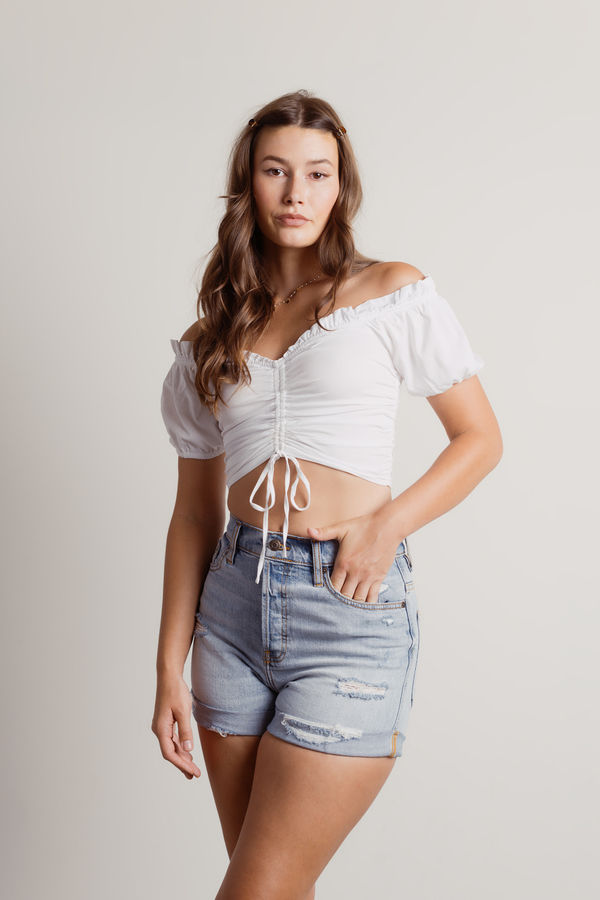 White Crop Top - Off Shoulder Ruched Front Tie Crop Tob - Short