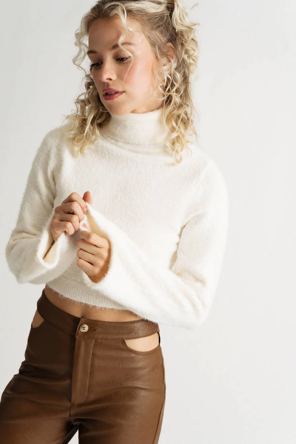 Off White Cropped Turtleneck Sweater - Fuzzy Sweater Crop Top
