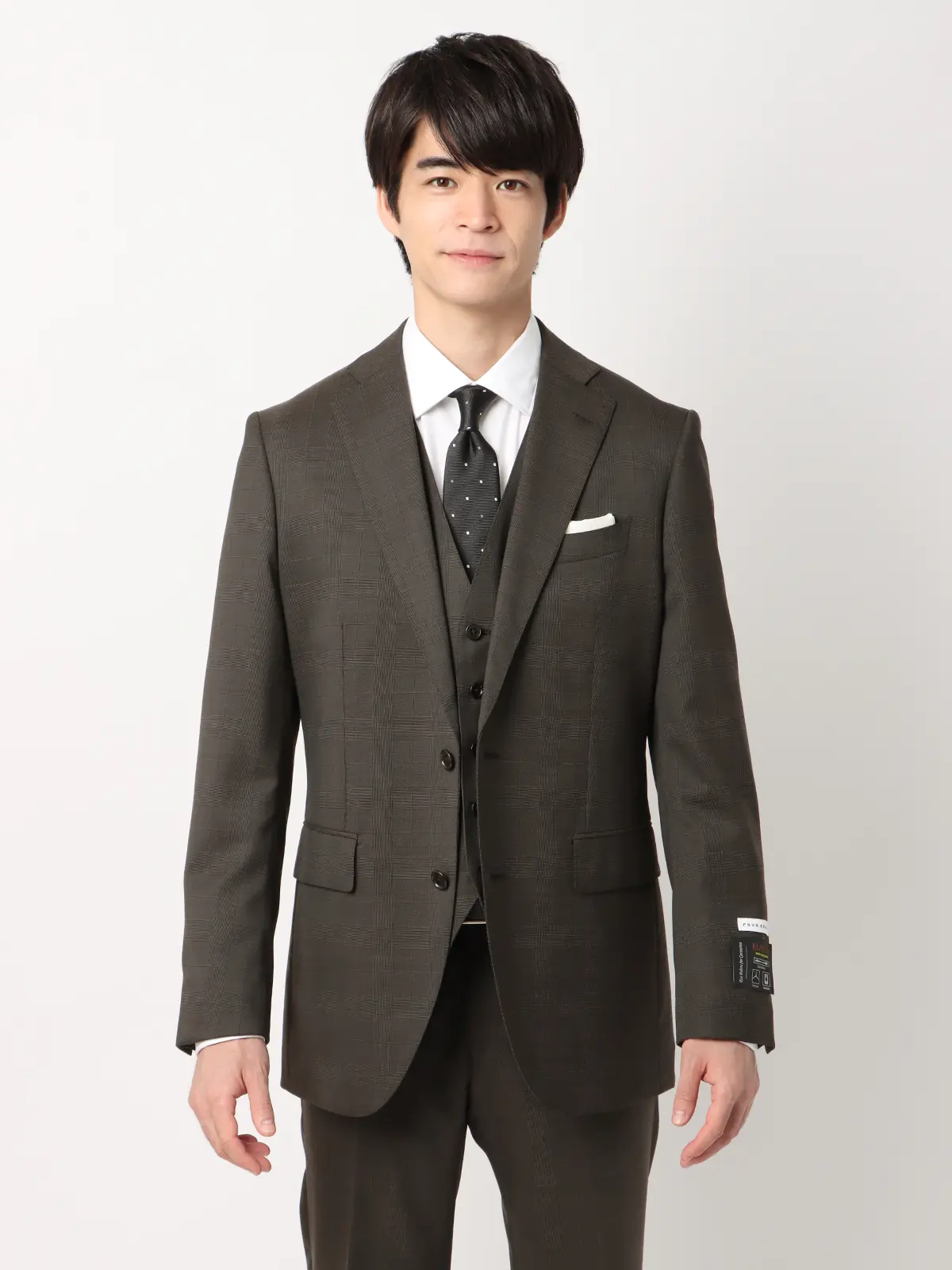 スーツ／スリーピース／フォーマル兼用／2つボタン／グレンチェック