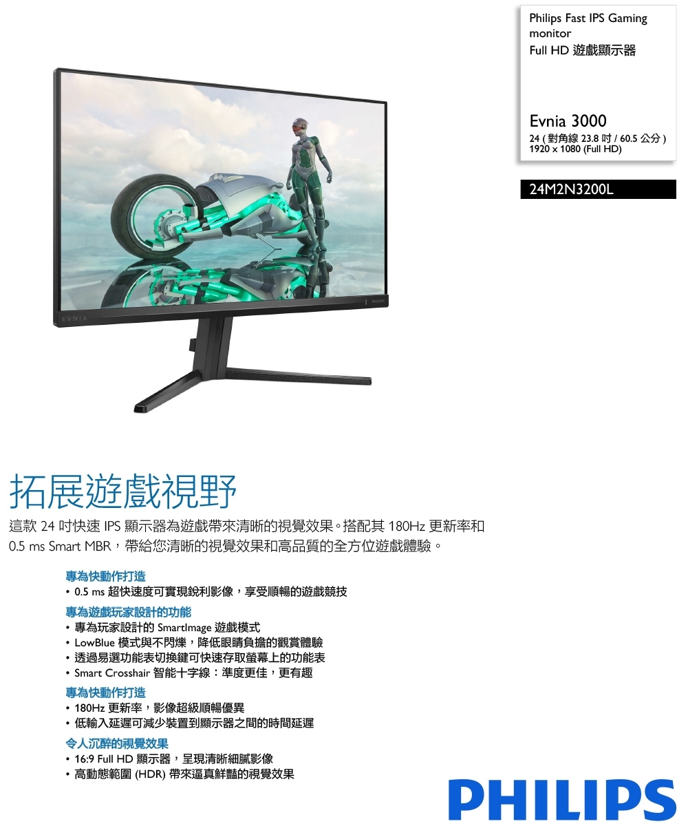 PHILIPS 24M2N3200L 24型FHD IPS 180Hz 電競廣視角螢幕| 24型螢幕
