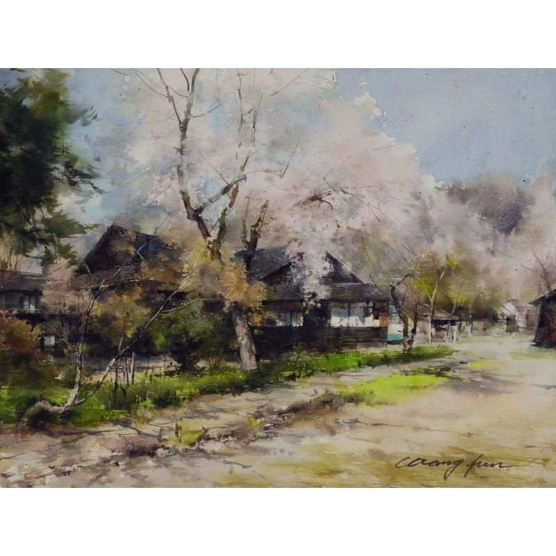 王 軍 「桜の季節（角館）」 水彩6号大（30.1×39.4cm） - 一枚の繪