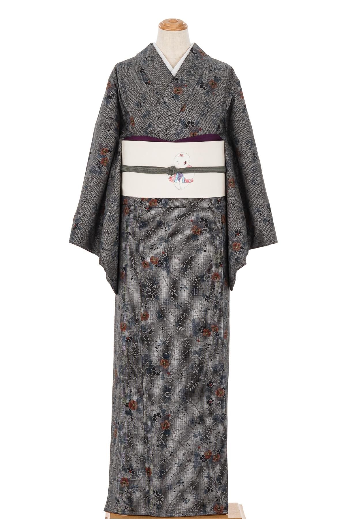 大島紬 久野織物 小花模様 - からん::アンティーク着物・リサイクル