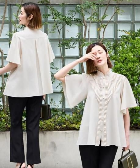 洗える/ストレッチ】プリーツスタンドカラーブラウス 「T1458」