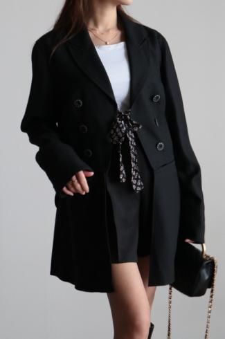 convertible collar double breasted wool midi coat / black - Madder