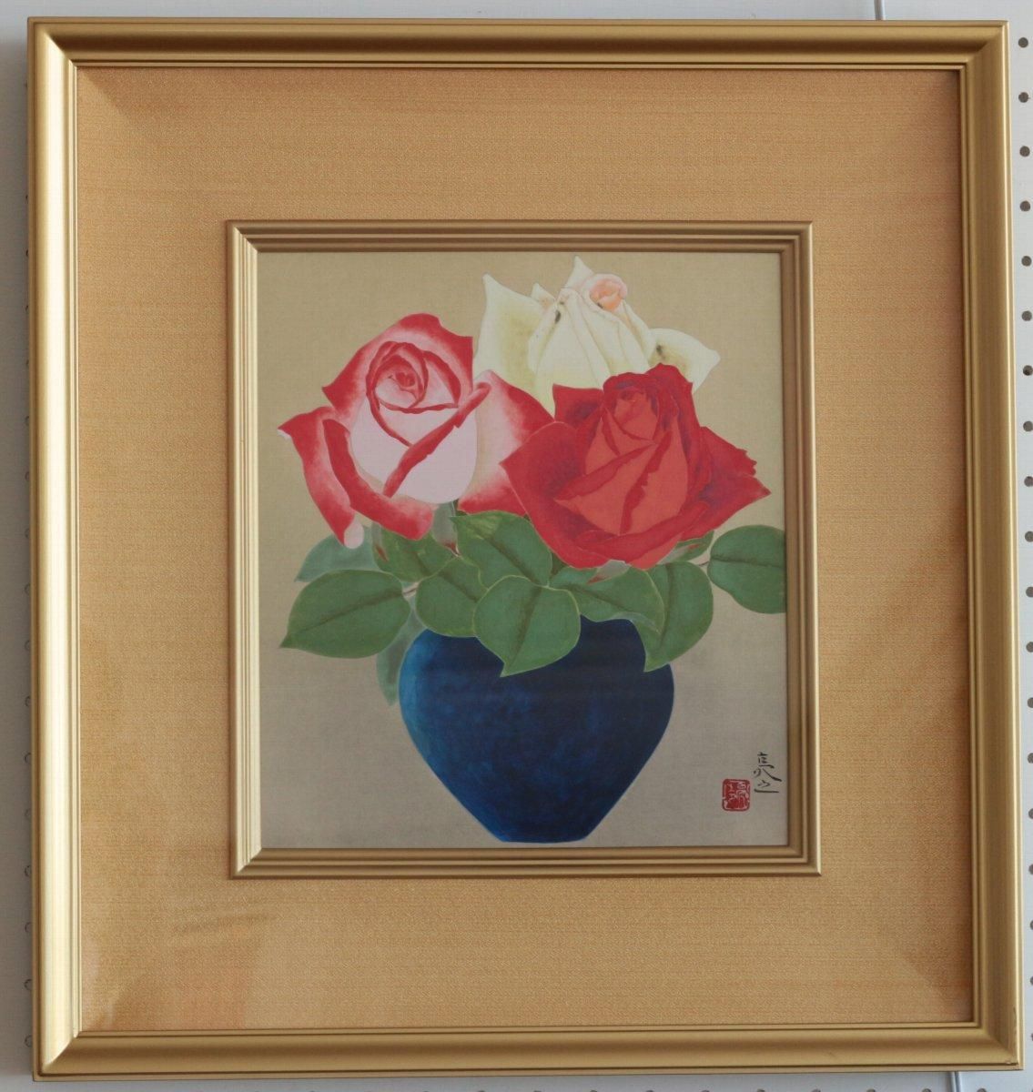 日本画 長井亮之 「薔薇(色紙額)」 商品番号30051618 - 絵のある暮らし