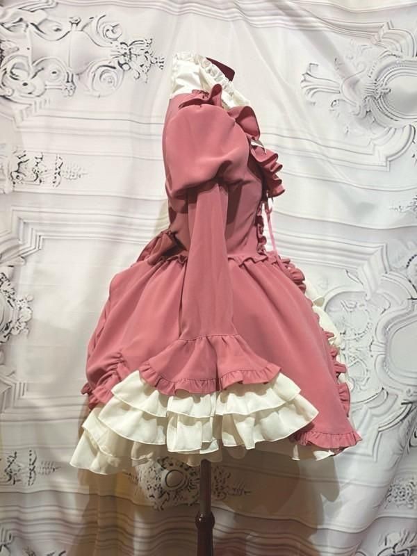 アリス風編み上げドレスワンピース：ラズベリーピンク×白フリル×ピンク
