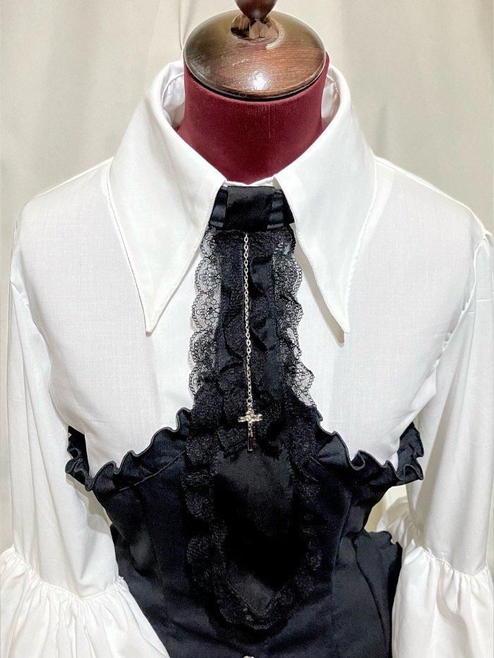 ◇受注商品◇コルセット風後ろ編み上げ姫袖ブラウス:黒×白×黒タイ×黒