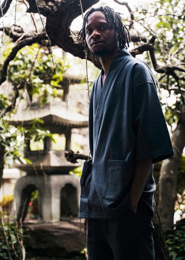 ゼロ撥水オーガニックコットンストレッチ甚平 - チャコール