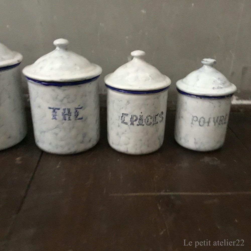 6個セット) フランス アンティーク ホーロー キャニスター 青 マーブル