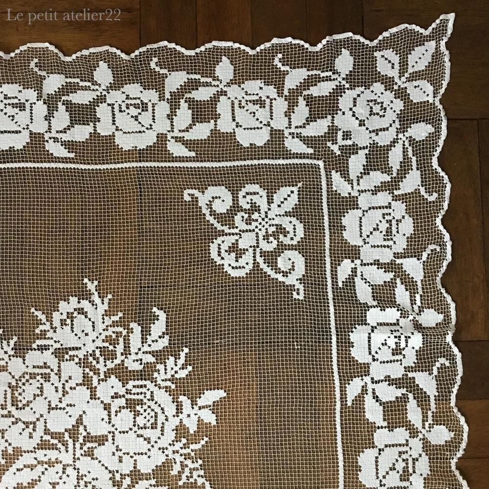 正方形) フランス アンティーク フィレレース テーブルクロス カーテン