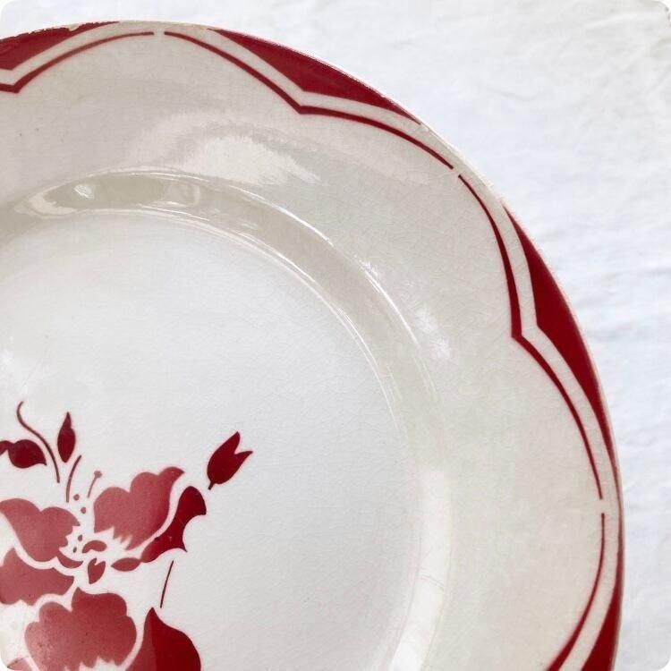 フランスアンティーク GIEN 赤い花柄皿