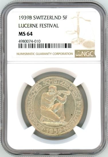 1939年スイス射撃祭 5フラン 銀貨PCGS MS64 1939年スイス射撃祭 5