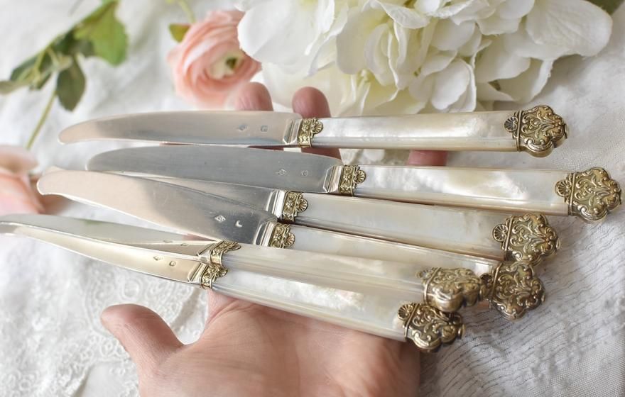 フランス銀器 白蝶貝 ハンドル 純銀950 ヴェルメイユ製 デザートナイフ