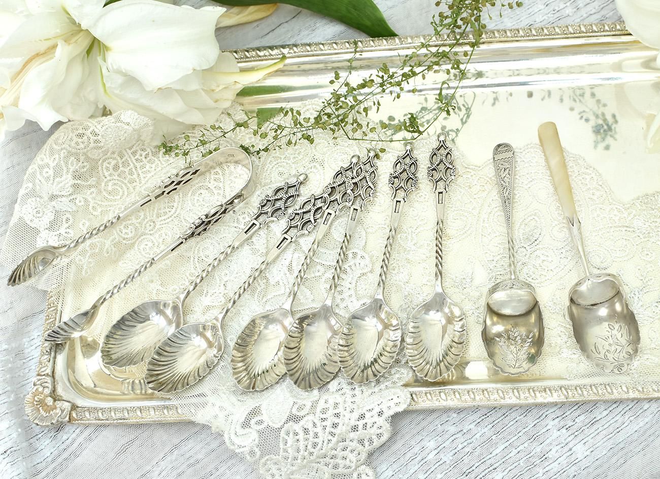 英国アンティーク銀器【純銀】1897年 ティースプーン6本＋トングセット