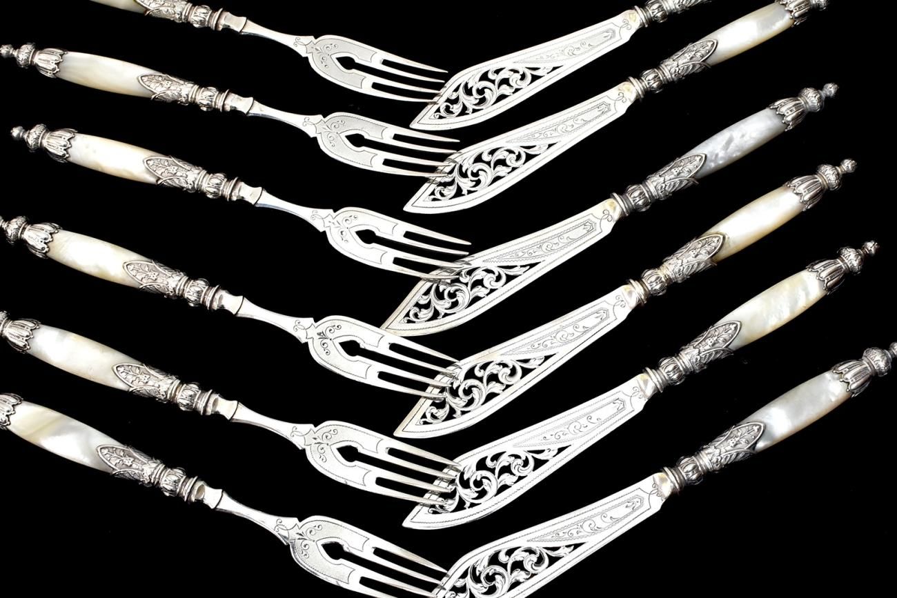 Germanアンティーク銀器【純銀】白蝶貝ハンドル 透かしのカトラリー