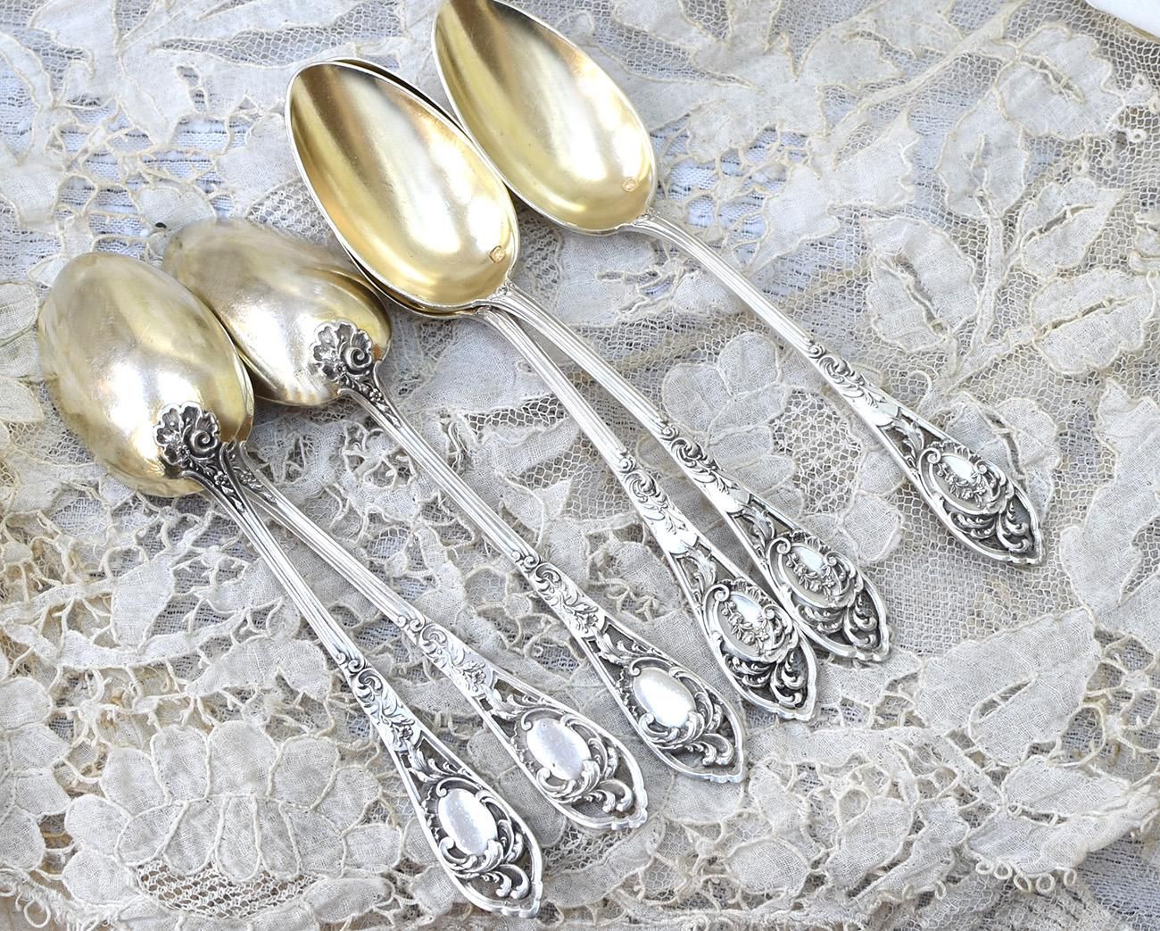仏アンティーク銀器【銀950】透かしのティースプーンセット 12.1cm