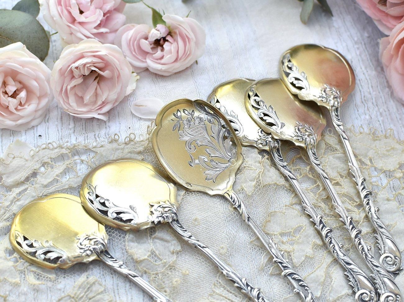 仏アンティーク銀器【銀950】アイスクリームスプーン 6本組