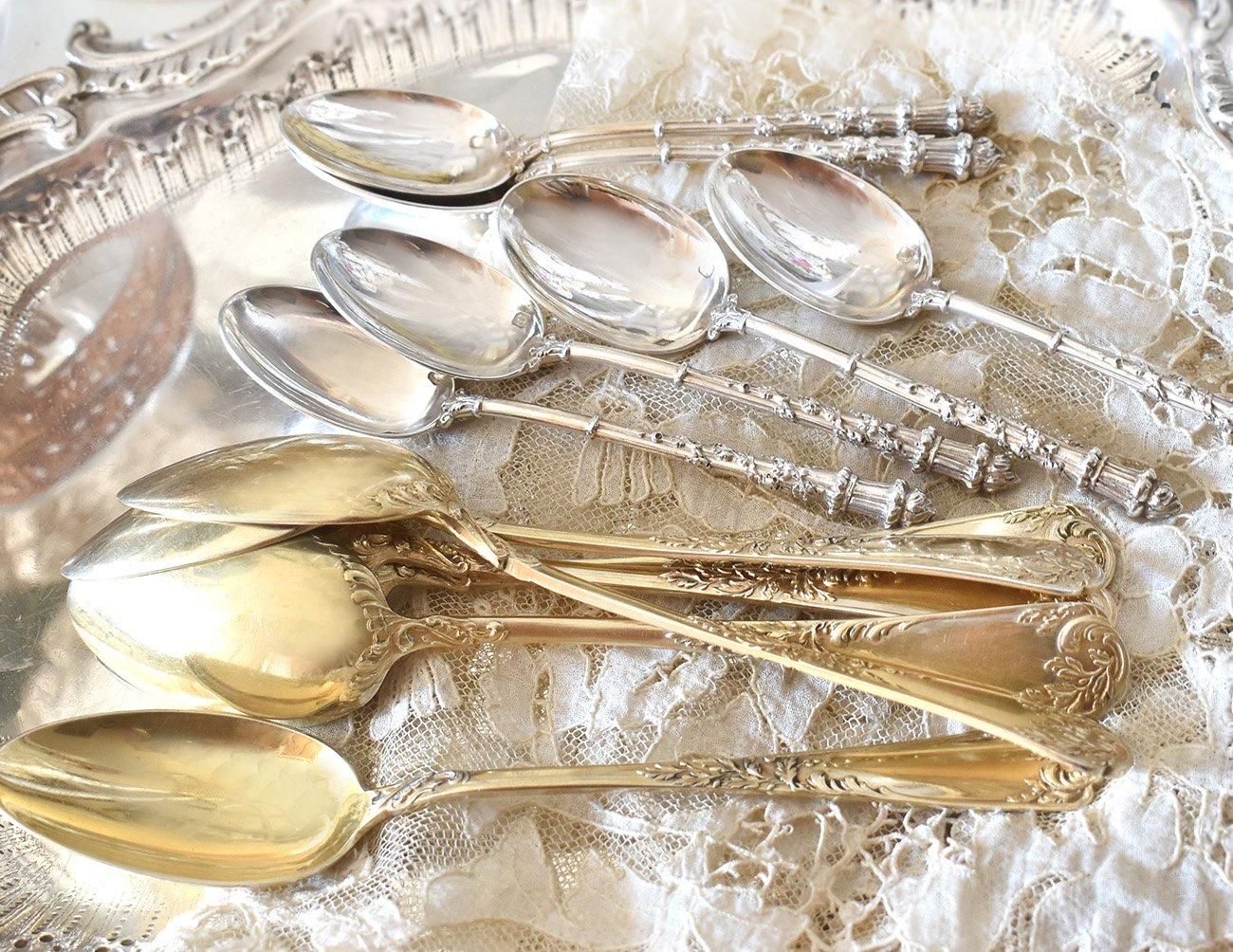 仏アンティーク銀器【銀800】ゴールド ティースプーン Puiforcat 4本