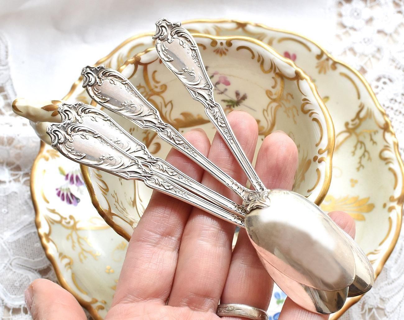 仏アンティーク銀器【銀800】両面装飾 ティースプーン4本セット