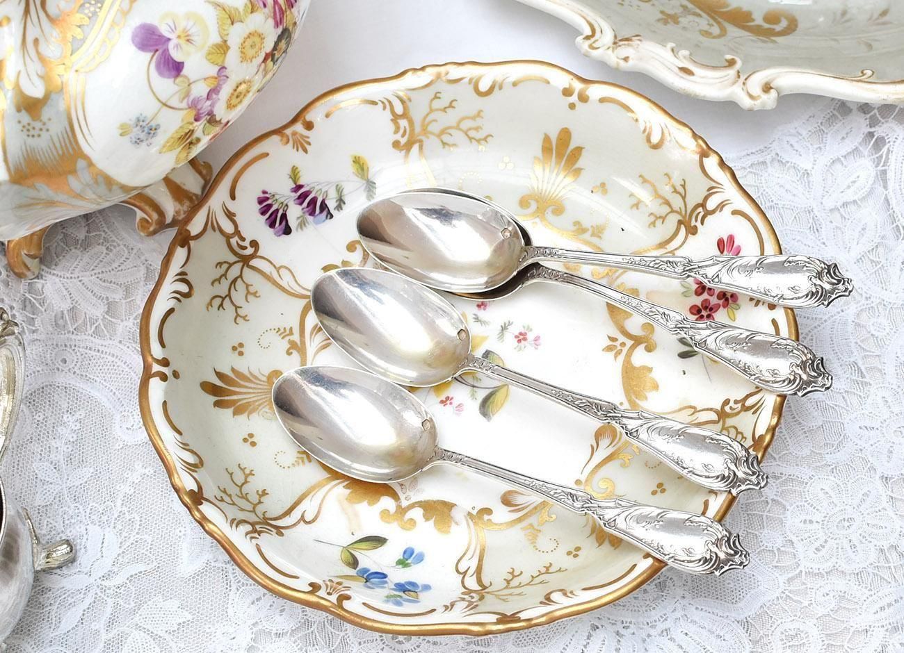 仏アンティーク銀器【銀800】両面装飾 ティースプーン4本セット