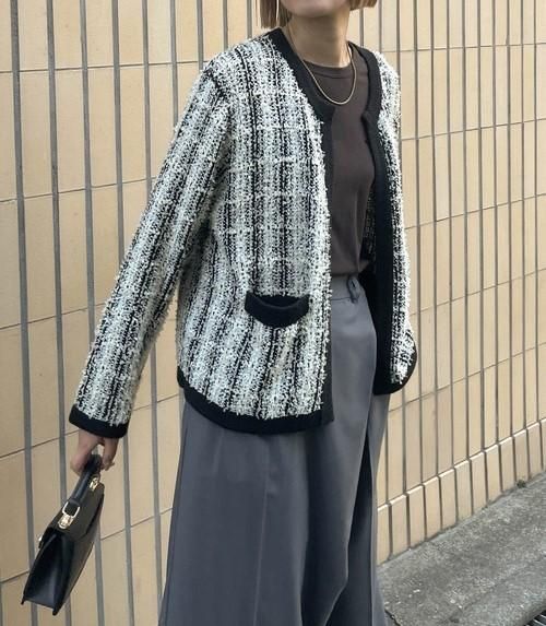 Audrey and John Wad - ツイードチェック柄ノーカラーニットジャケット