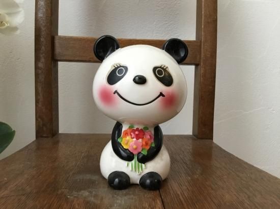 昭和レトロ 内藤ルネ パンダ 陶器製 貯金箱【花束】