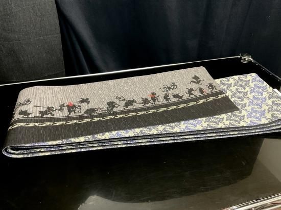 百鬼夜行柄半幅帯：グレー/裏地ベージュ【日本製】 - 男着物&amp