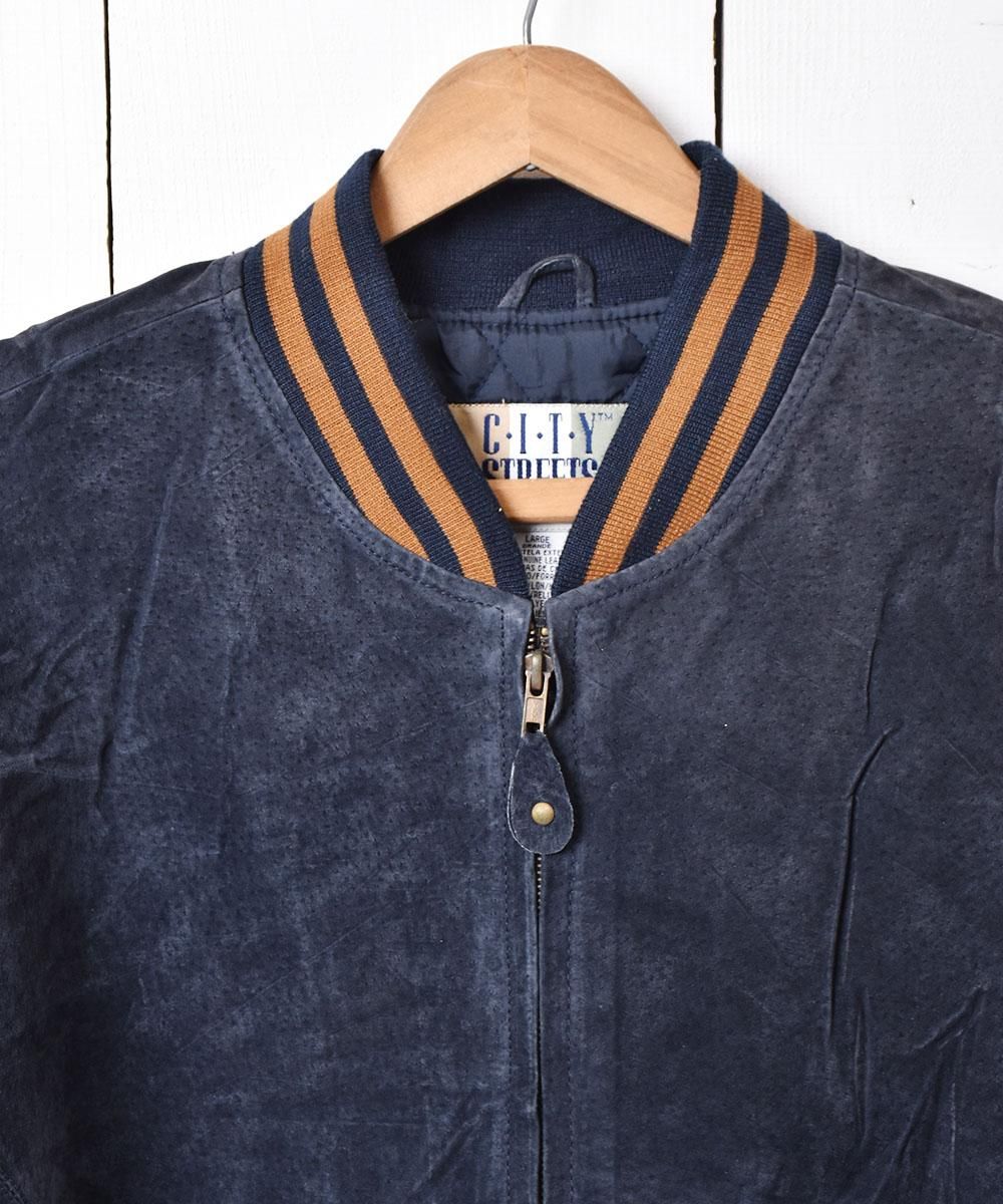 ネイビー×ベージュ オールレザースタジャン ブルゾン - 古着屋