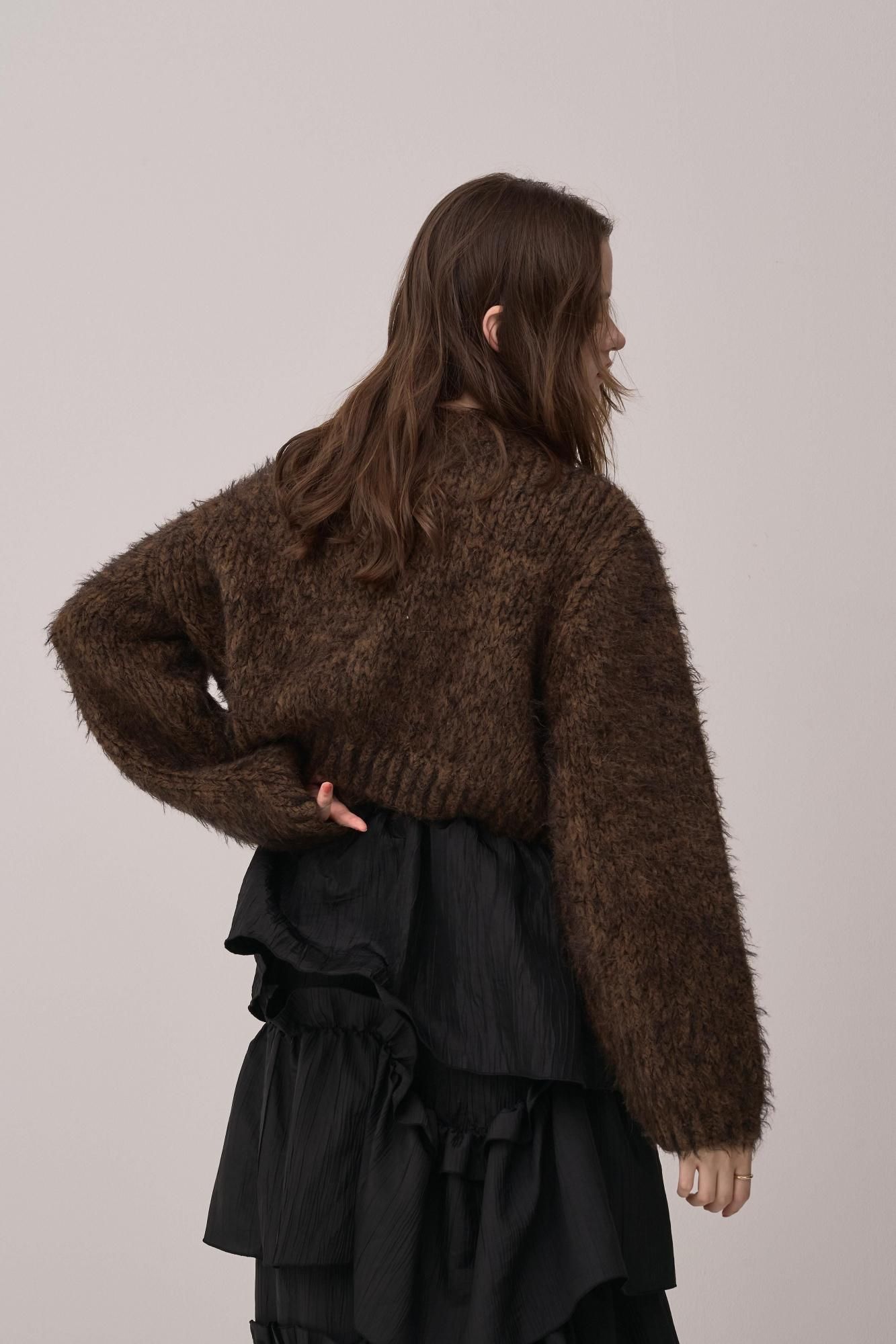 シャギーMIXニットカーディガン（BROWN） - PINUE