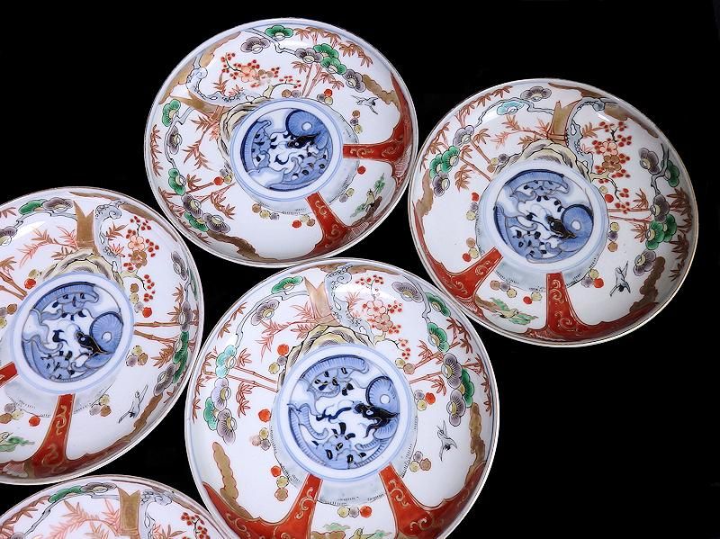 古伊万里 色絵 松竹梅に団龍紋図 5寸皿 5枚ｾｯﾄ